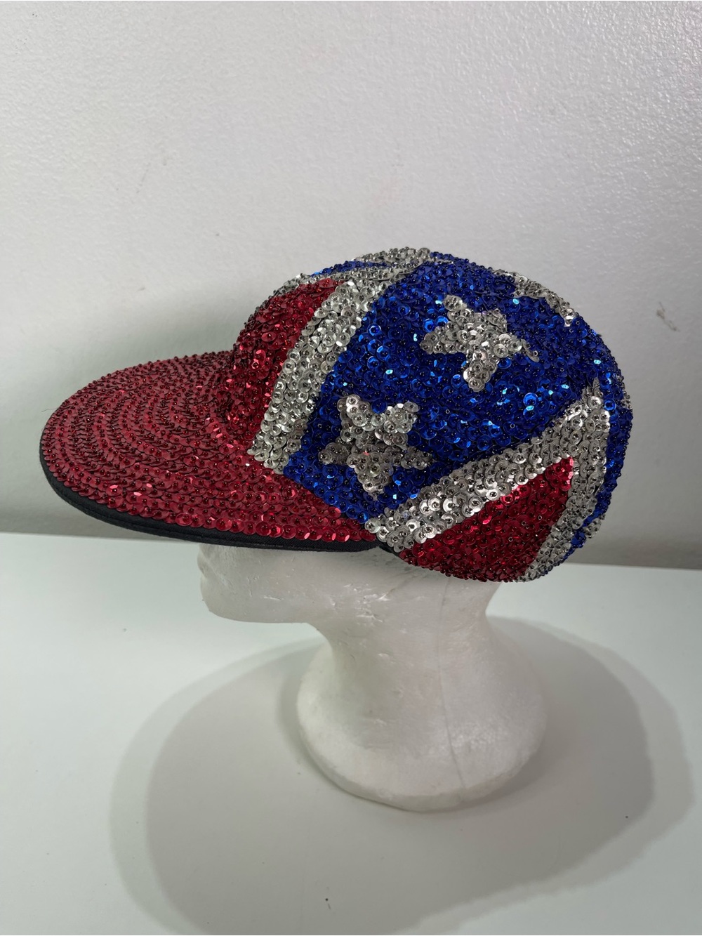 Vtg 90s Sequin City Patriotic Red White Blue Stars Cap Hat Festival Glam Funky